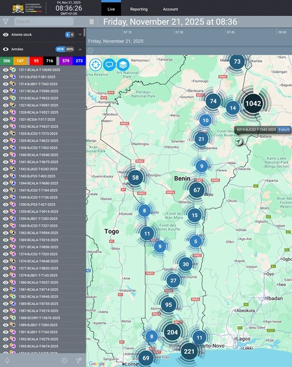 Webb Transit Tracking geolocation platform showing trucks on a map